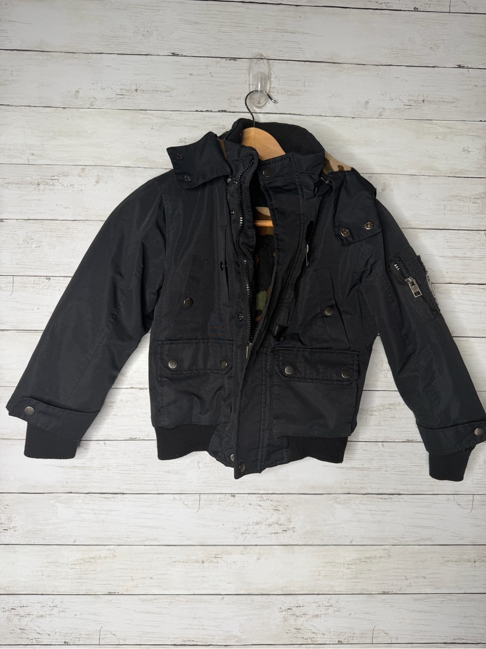 Diesel Kids Black Bomber Jacket Camo Fleece Lined Hooded Coat Size 5/6